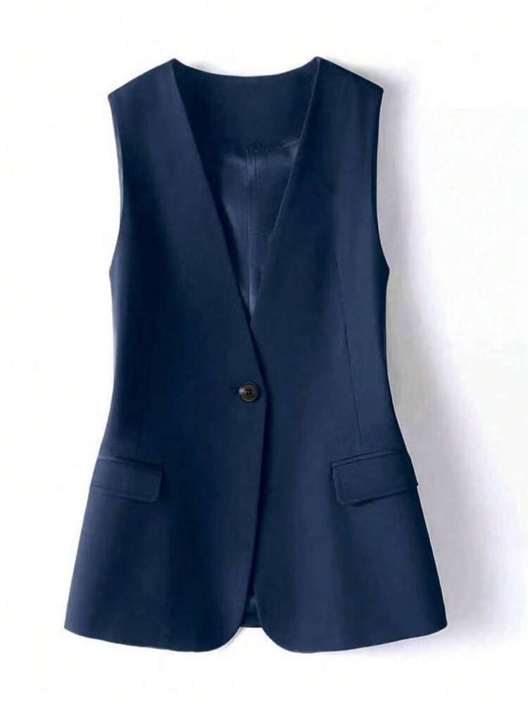 Áo khoác blazer nữ, Áo vest cổ bẻ mùa thu mới, Màu trơn tối giản phong cách thường ngày, Áo vest cổ bẻ màu trơn có lót, Trang phục mùa thu, Trang phục công sở, Áo khoác công sở nữ, Áo vest công sở màu trơn có túi cài nút phía trước, Áo khoác blazer nữ dáng rộng mùa thu, Kiểu cổ bẻ, Áo khoác blazer nữ màu trơn ôm dáng thoải mái dễ phối đồ, Áo kiểu dáng thanh lịch mới mùa xuân - Màu xanh hải quân - Xem 3
