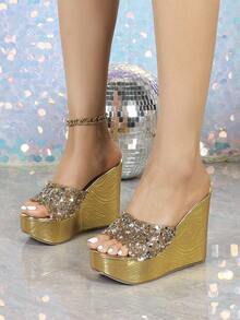 Women's Wedge Sandals, Thick Sole, Rhinestone Decor, Plus Size Fashion Slippers - Gold - View 2
