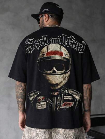 Fractyr Camiseta de manga corta con cuello redondo de estilo callejero para hombres "Extreme Speed" con gráfico de calavera y motocicleta de carreras en color negro