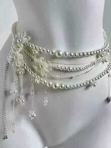 1pc Fashionable Minimalist Pearl Tassel Multi-Layer Waist Chain, Unique Elegant Chic Elegant Sexy Butterfly & Flower Pearl Waist Chain, Women's Holiday Gift, Women's Party Jewelry - Multicolor - View 2