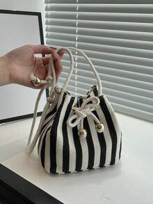 Canvas Fashion New Shoulder Crossbody Bag Handbag Commuter Bag Drawstring Bucket Bag Minimalist Stylish Striped Shoulder Bag - Black - View 3