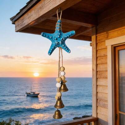1pc Coastal Resin Starfish Wind Chime With Bells - Nautical Beach Decor For Home, Patio, Porch | Blue Starfish, Wooden Beads, Rustic Metal Bells | Ocean Themed Hanging Ornament For Summer, Coastal, Mediterranean, And Boho Home Decor
