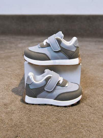 1 Pair Vintage Inspired Soft Sole Sneakers For Toddlers, Gray & Color Block Design, & Lace-Up Closure, Non-Slip Rubber Sole, Breathable & Comfortable, Suitable For Daily Wear, School, Sports