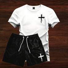 Kit Set: Cross Striped T-Shirt + Mauricinho Tactel Shorts, Beachwear, Summer, Gym, Black, Sizes P To GG (Sizes P To GG) - 白色 - 查看 2