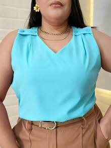 Plain Tank Top, Sleeveless Blouse, Plain Crepe Fabric, With 4 Buttons, Plus Size G1G2G3 46-52, Casual Women's - 62-西亞諾藍 - 查看 3
