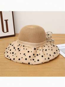 1pc Polka Dot Mesh Bow Straw Hat, Women Large Brim Sun Protection Hat, Foldable Beach Vacation Sun Hat, Spring/Summer - A - View 5