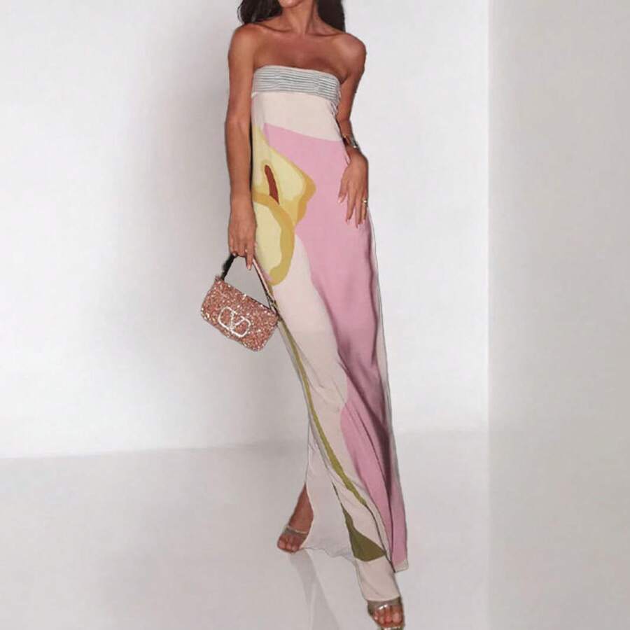 2026 Women Spring Summer Dress European American Style Off The Shoulder Strapless Sexy Backless Print Floral Beach Party Evening Mini Dress - 白粉紅色 - 查看 1