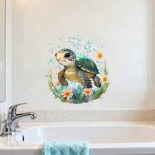 1pc Watercolor Ocean Animal Toilet Sticker, Sea Turtle & Shark Wall Decal, Waterproof Removable Self-Adhesive, Bathroom Bathtub Decor - Multicolor - View 6