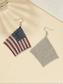 1 Pair Fashionable American Flag Print Mesh Hoop Earrings, Suitable For Casual Daily Wear And Holiday Parties - Multicolor - View 3