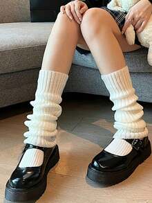 2 Pairs Of Black And White Oversized Women's Knee-High Polyester Knitted Fabric, Solid Color, Comfortable And Elastic, Hand Wash , Suitable For Cycling, Casual Wear And Festival Wear, Y2k, Cozy - 彩色 - 查看 3