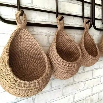 Bộ 3 giỏ treo tường đan tay phong cách Boho | Giỏ treo tường đa năng, giỏ đựng đồ trang trí dạng lưới, giỏ treo đựng trái cây và rau củ, dùng để đựng các vật dụng nhỏ - Phong cách trang trại mộc mạc, móc treo bằng vải lanh để đựng trái cây và rau củ trong bếp, dung tích lớn, chắc chắn, chịu lực tốt, thích hợp để đựng đồ trong bếp, trang trí nhà bếp, kệ treo tường, trang trí phòng, kệ phòng khách, trang trí tường, kệ lối vào, kệ tiền sảnh, phụ kiện nhà bếp.