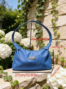 1pc Solid PU Underarm Shoulder Bag, Simple Metal Plate Decor Hobo Purse, Soft & Versatile PU Handbag For Women, Daily Use - Blue - View 6