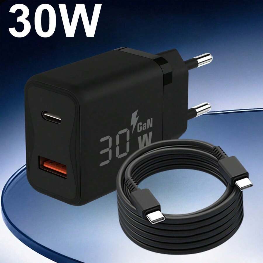 30W USB-C PD Fast Charger, 2-Port GaN Charger Adapter, Compatible With IPhone 17 16 15 Pro Max, Air, Galaxy S25 S24 Ultra, Pixel And Other Devices - 30W Charger With USB-c Cable 2M - View 1