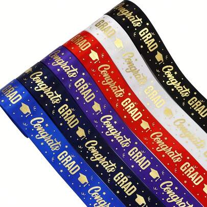 Dây ruy băng chủ đề tốt nghiệp dài 5 thước Anh (2,5cm), Chúc mừng tốt nghiệp, in họa tiết mũ tiến sĩ bằng nhũ vàng, nơ thủ công tự làm, ruy băng gói quà, trang trí tiệc, trang trí tiệc tốt nghiệp, ruy băng gói bó hoa, trang trí cắm hoa.