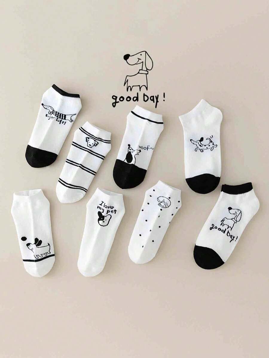 8 pares de calcetines de tobillo de estilo de verano delgado con dibujos animados blancos para mujeres - Multicolor - Ver 1