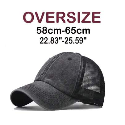 超大号 XXL 黑色网眼棒球帽，男女通用大号水洗黑色网眼帽