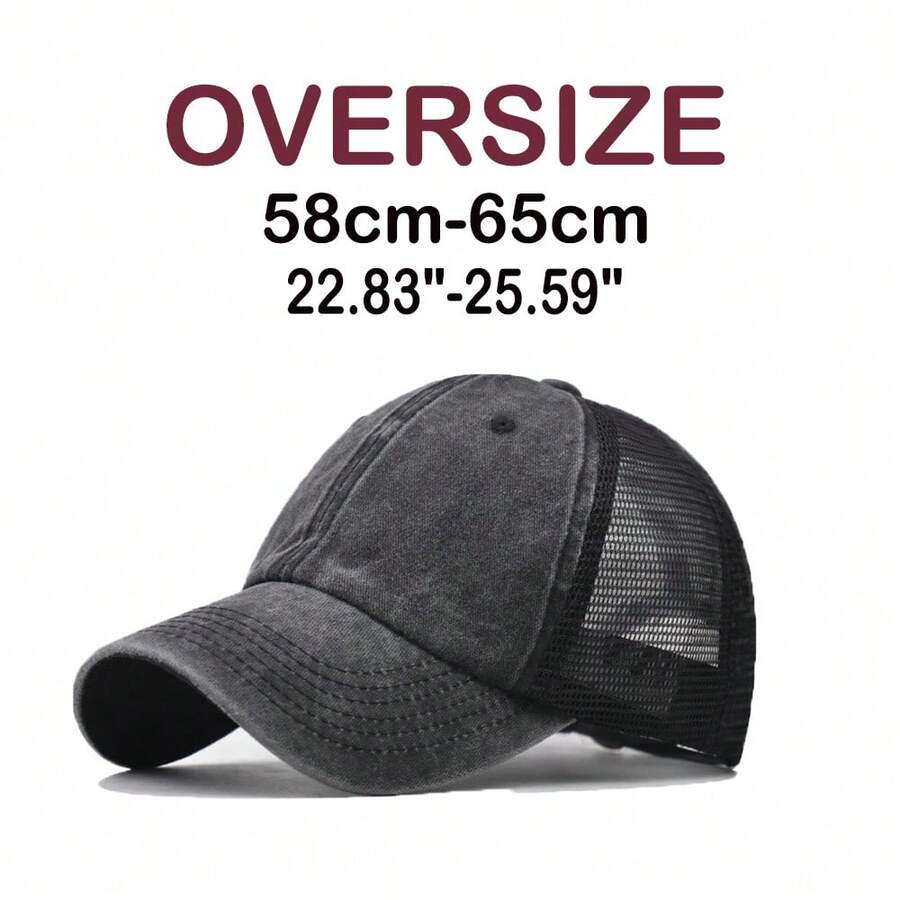 Oversized XXL Black Mesh Baseball Cap, Unisex Large Size Washed Black Mesh Hat - Semi-mesh - View 1