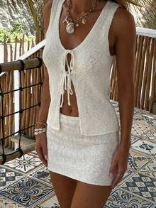 Vaiaye 两件套女士纯色毛衣钩编网纱性感镂空沙滩背心针织罩衫+短裙套装，适合夏季日常穿着、音乐节、度假，波西米亚风性感女装春季白色 - 白色 - 查看 6