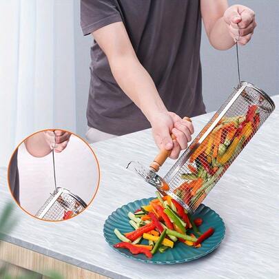 不锈钢可拆卸木柄烧烤篮 - 耐用的304网布，适合烧烤蔬菜、虾等 - 是烧烤、露营和户外烹饪的理想之选 - 送给父亲或丈夫的绝佳烧烤配件礼物