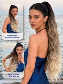 WaveTrip Inspired 32-Inch Long Wavy Synthetic Fiber Ponytail, With Clip Design, Suitable For Daily Wear, Valentine's Day Gift For Women - Ombre - View 3