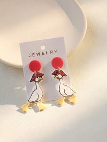 一对Y2K风格可爱亚克力鸭子戴红色蘑菇帽吊坠耳环，音乐节派对礼物 - 白色 - 查看 5