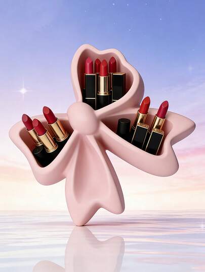 1pc Dreamy Girly Bowknot Storage Box, Multi-Compartment Lipstick & Makeup Brush Holder, Desktop Decor, High-Quality Craftsmanship, Durable, Decorative & Practical Large Capacity Storage