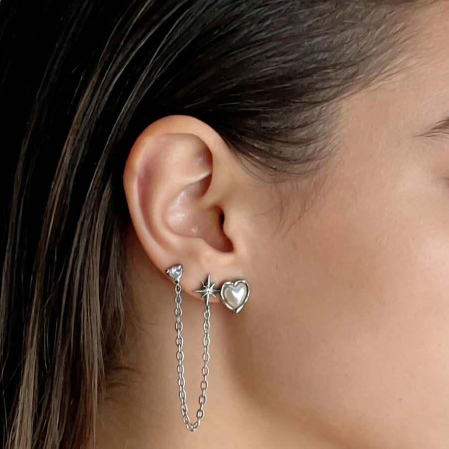 6件套精致星爆心形珍珠耳环套装，独特设计链式耳环，夏季必备 - 白色 - 查看 1