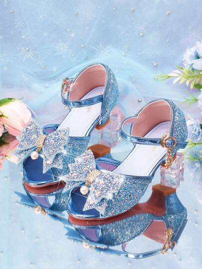 3厘米鞋跟蓝色多色儿童凉鞋，公主露趾鞋，适合3-15岁女孩，春夏皆宜