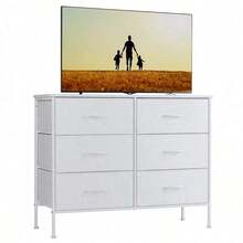 Sweetcrispy Dresser Bedroom 6 Drawers Wide Fabric Storage Units Chest Of Drawers Bedroom With Metal Frame And Wooden Top TV - 白色 - 查看 3