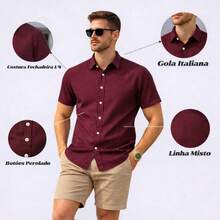 Men's Dress Shirt With Italian Collar, Short Sleeves, Slim Fit, Casual, Versatile, Elegant, Basic - 酒紅色 - 查看 5
