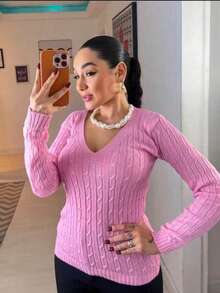 Alice Fashion Basic V-Neck Braided Knit Blouse By Cacharreu Women's Fashion Long Sleeve Knit - Màu Hồng baby - Xem 2