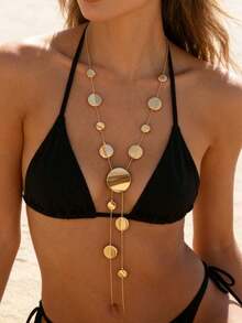 1条扁平圆珠Y形长项链，大小扁平珠子组合搭配精致蛇骨链，奢华项链，适合夏季海滩度假 - 金黃色 - 查看 1