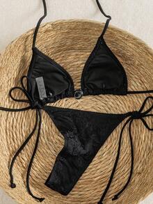Bộ đồ bơi nữ mới năm 2026, bikini 2 mảnh, bikini ren đen, màu đen trơn, kiểu dáng giản dị và thời trang, thích hợp mặc hàng ngày vào mùa hè. - màu đen - Xem 2