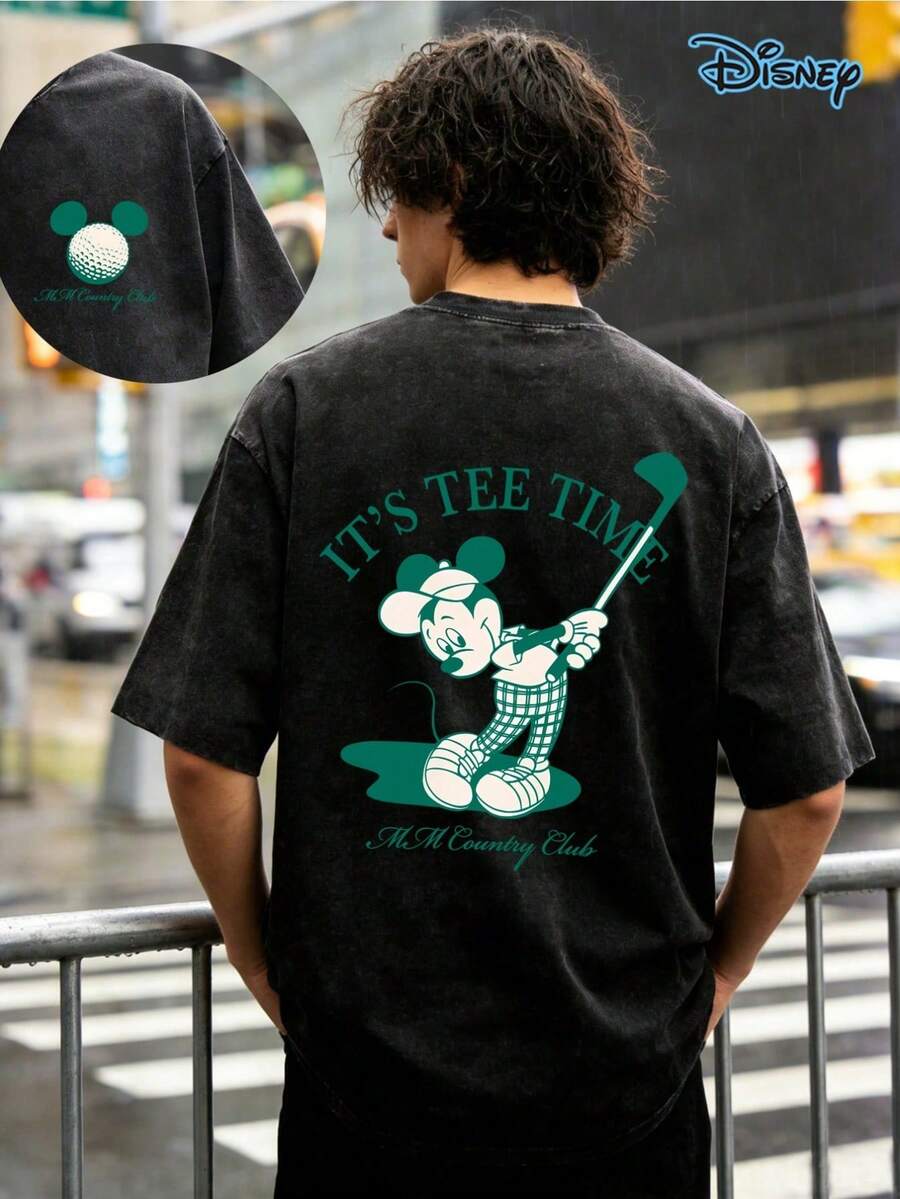 Disney Mickey Mouse Golf Masters "It's Tee Time MM Country Club" Officially Licensed Double-Sided Vintage Washed 230g Unisex T-Shirt - 黑色 - 查看 1