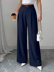 Pantalones de vestir de pierna ancha para mujer, estilo informal, holgados, estilo palazzo, de cintura alta - Azul Marino - Ver 4