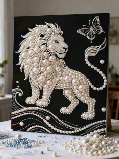 雄伟的狮子与蝴蝶珍珠画套装 DIY 手工珍珠镶嵌艺术品 优雅家居装饰 奢华节日礼物 无框设计