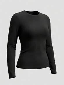 女士高弹力纯色修身圆领长袖T恤，简约风格，适合春、秋、冬季穿着，可用于夜间外出/度假/日常/办公/居家/街头/旅行/机场/早午餐等场合，休闲/简约/Y2K/优雅/性感/街头/可爱/辣妹风格，秋冬女装，万圣节女装，圣诞节女装，教师装，外套上衣，约会装，基础款上衣，韩版黑色 - 黑色 - 查看 6