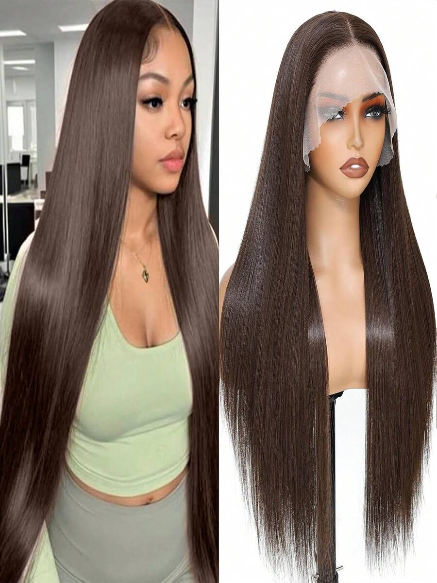 Halloween Elegant 13X4 Wine Red & Brown Freestyle Natural Straight Synthetic Lace Front Wig, High Quality Heat Resistant Fiber, Full Wig Set For Women