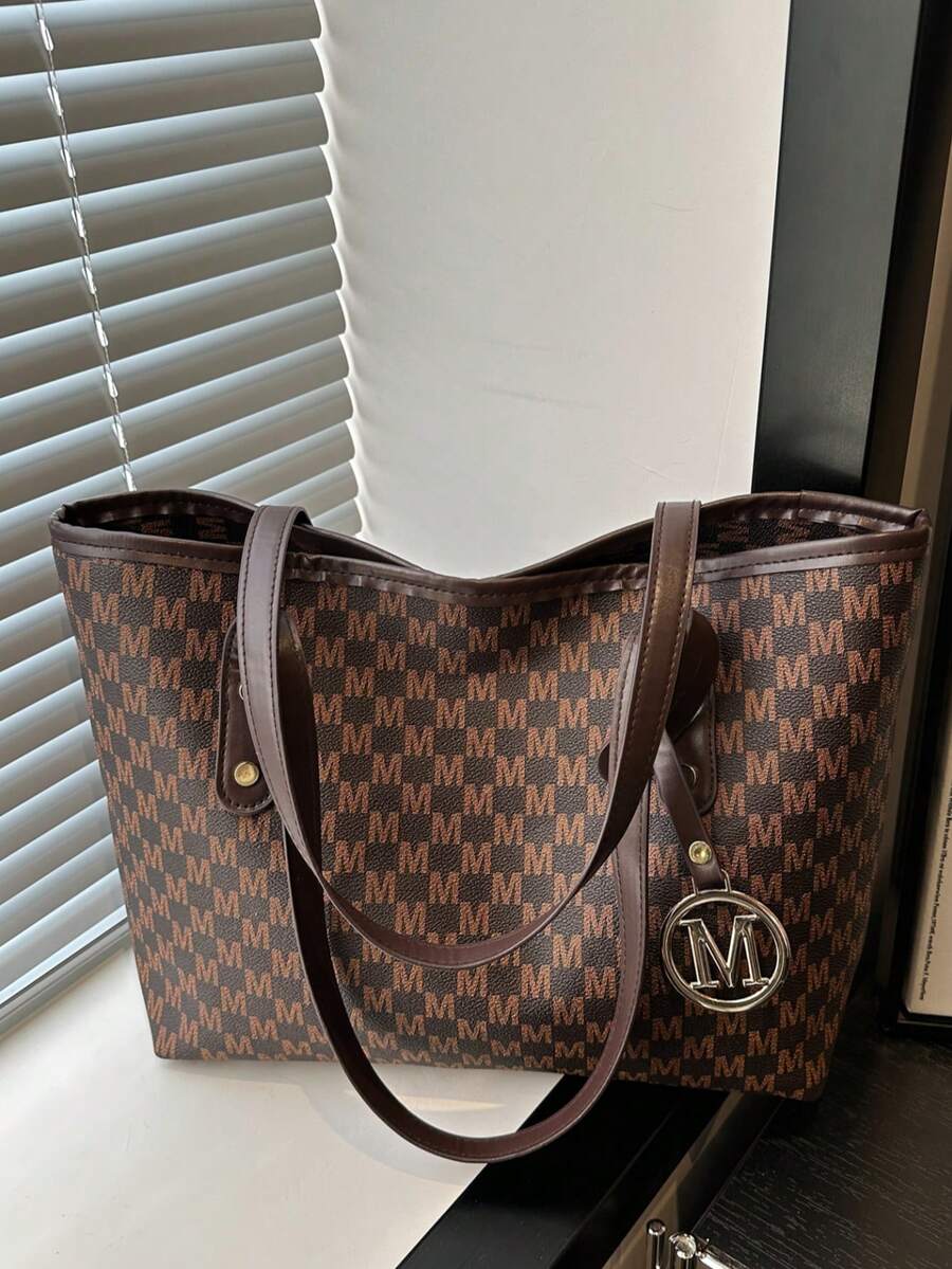 New Lightweight Tote Bag For Women With Rivet Decor, Large Capacity Suitable For Commuting, Shopping, Office, University - Coffee Brown - View 1