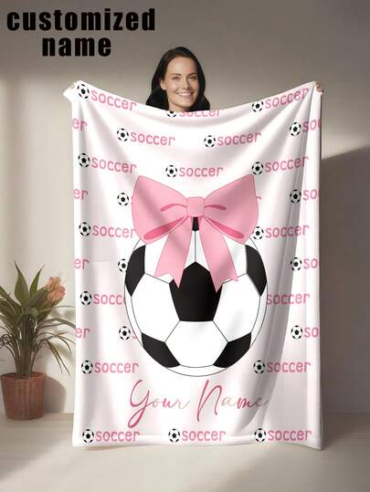 Personalized Football-Themed Plush Blanket, Featuring Classic Black And White Football Design Accented With Pink Bow And All-Over Print, Combining Sports And Sweet Aesthetics - Comfortable For All Seasons, Suitable As Home Decor, Everyday Throw Blanket, Sofa Cover, Bedspread, Or Unique Gift For Birthday, Anniversary, Holiday And More