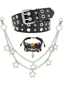1/3 件套 Grunge Y2K 双孔铆钉星星腰带和裤链，搭配仙女 Grunge 手链，哥特朋克摇滚装扮 - 彩色 - 查看 1
