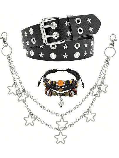 Xiacheng 1/3 件套 Grunge Y2K 双孔铆钉星星腰带和裤链，搭配仙女 Grunge 手链，哥特朋克摇滚装扮