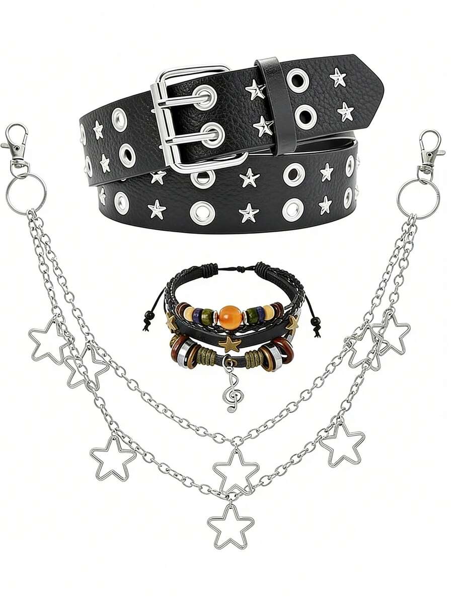 1/3 件套 Grunge Y2K 双孔铆钉星星腰带和裤链，搭配仙女 Grunge 手链，哥特朋克摇滚装扮 - 彩色 - 查看 1
