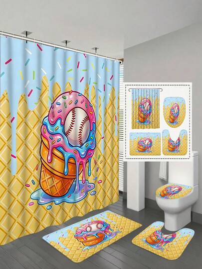 1/4 件套棒球冰淇淋图案浴帘套装，时尚棒球运动防水浴室帘，涤纶防水浴帘，防滑浴垫，U 型地毯，带 12 个挂钩的马桶盖套 - 现代风格，适合家居装饰、浴室装饰和配件，易于清洁和维护，优雅的乔迁礼物 - 四季皆宜