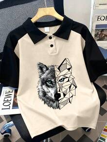 Polo à manches courtes pour garçons avec motif de tête de loup mi-réaliste mi-géométrique contrastant en gris et noir. Convient pour le printemps et l'été, idéal pour la vie quotidienne des étudiants, les fêtes, l'école, les festivals de musique, les vacances et les déplacements pour le travail. - Nude - Voir 1