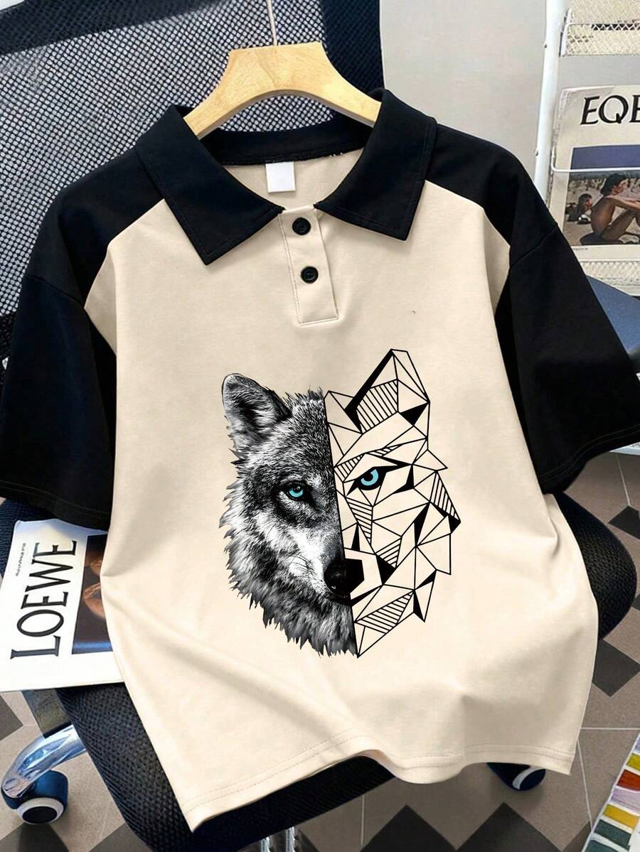 Polo à manches courtes pour garçons avec motif de tête de loup mi-réaliste mi-géométrique contrastant en gris et noir. Convient pour le printemps et l'été, idéal pour la vie quotidienne des étudiants, les fêtes, l'école, les festivals de musique, les vacances et les déplacements pour le travail. - Nude - Voir 1