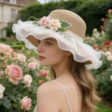 Flower Sun Hats For Women's Fashionable Mesh Wide Brim Sun Straw Beach Caps For Outdoor Vacation - Khaki - View 4
