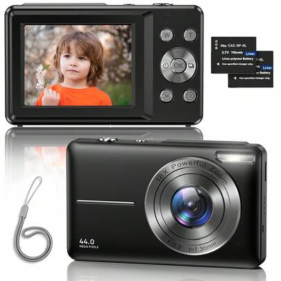 Nicamery 4400万像素1080P数码相机，16倍光学变焦，32GB存储卡，2块电池，便携式旅行相机，适合摄影，数码傻瓜相机，青少年和老年人礼物