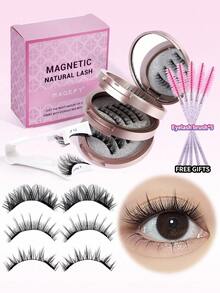 3 Pairs Magnetic False Eyelashes, Natural Style, Reusable, Comes With Eyelash Curler And 5 Eyelash Brushes, No Glue Needed, Assorted Styles, Easy To Wear And Remove, Natural Makeup Effect, Suitable For Daily, Party, Stage, Banquet Makeup, Also Suitable As Women's Day/Valentine's Day/Music Festival/Christmas/Christmas Eve/Thanksgiving Gift - 黑色 - 查看 10