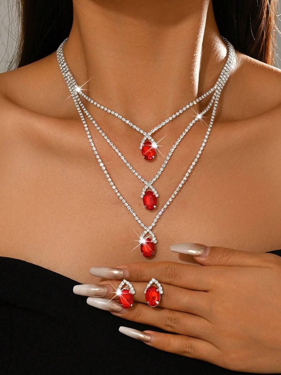 Charming Multi-Layer Vintage Jewelry Set - Sparkling Crystal Layered Necklace + Earrings, Bridal Wedding Formal Cocktail Party Jewelry, Anniversary Gift - 1811-hB Red - View 1